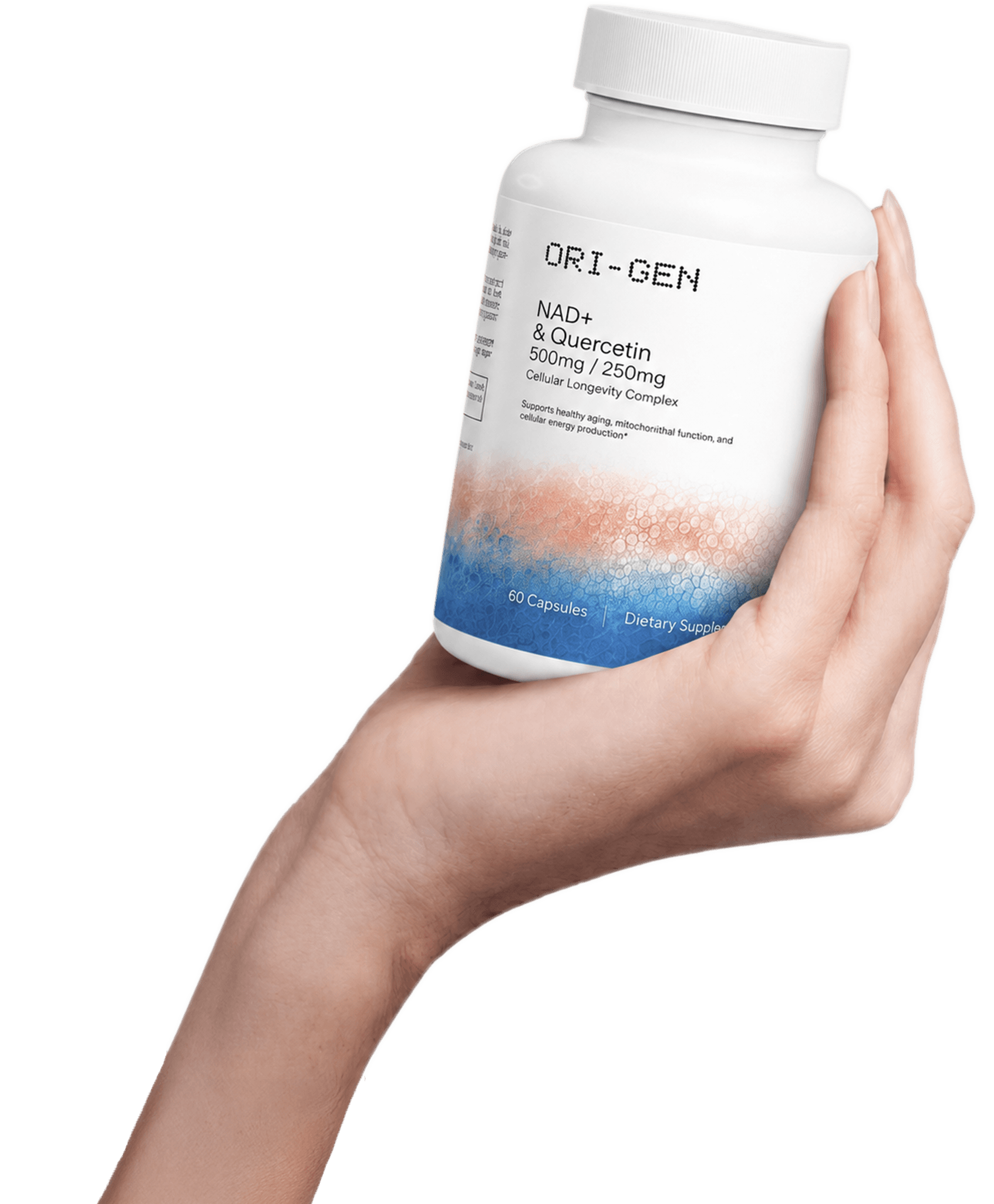 Hand holding the ORI-GEN NAD+ & Quercetin bottle
