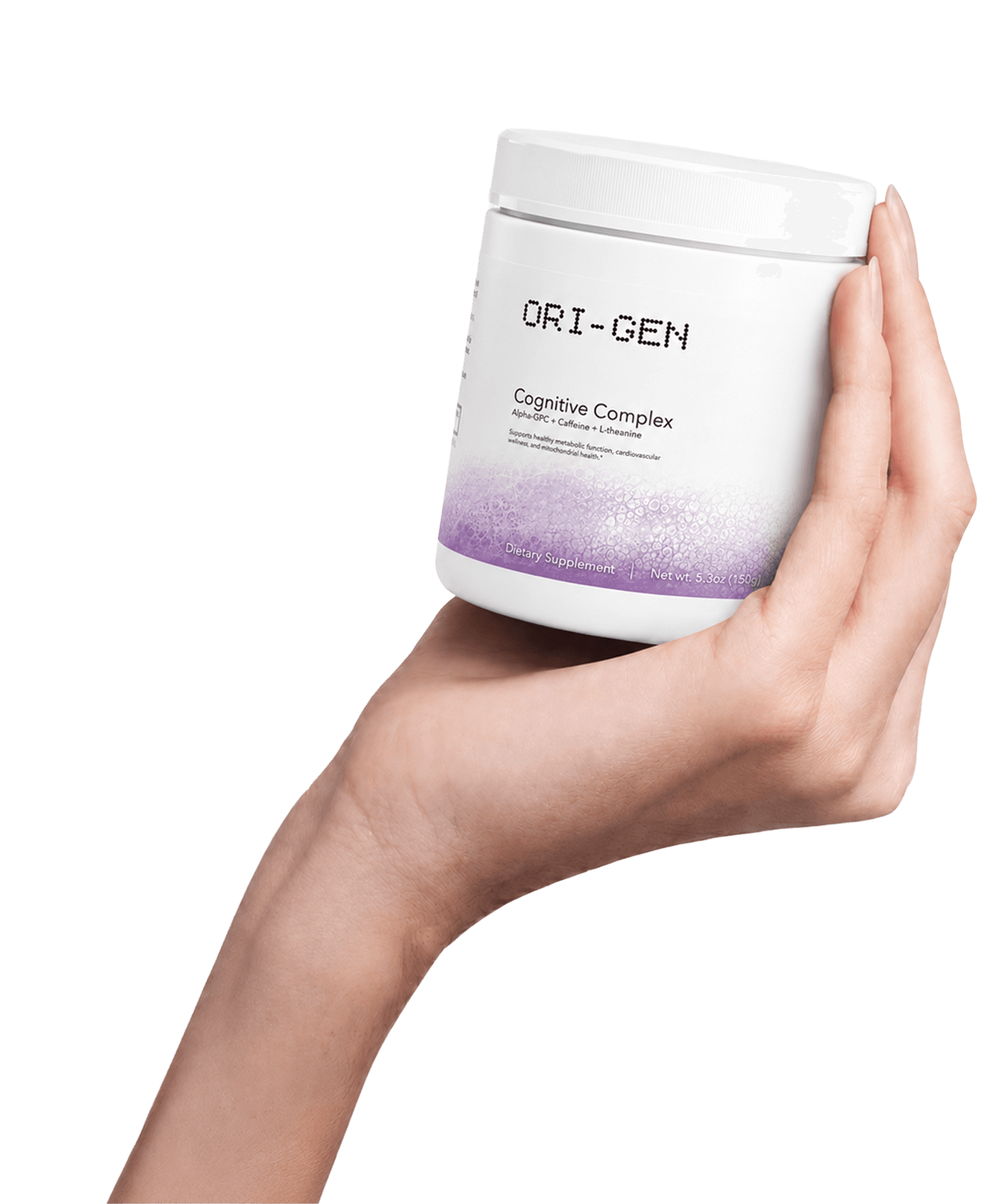Hand holding the ORI-GEN Cognitive Complex tub