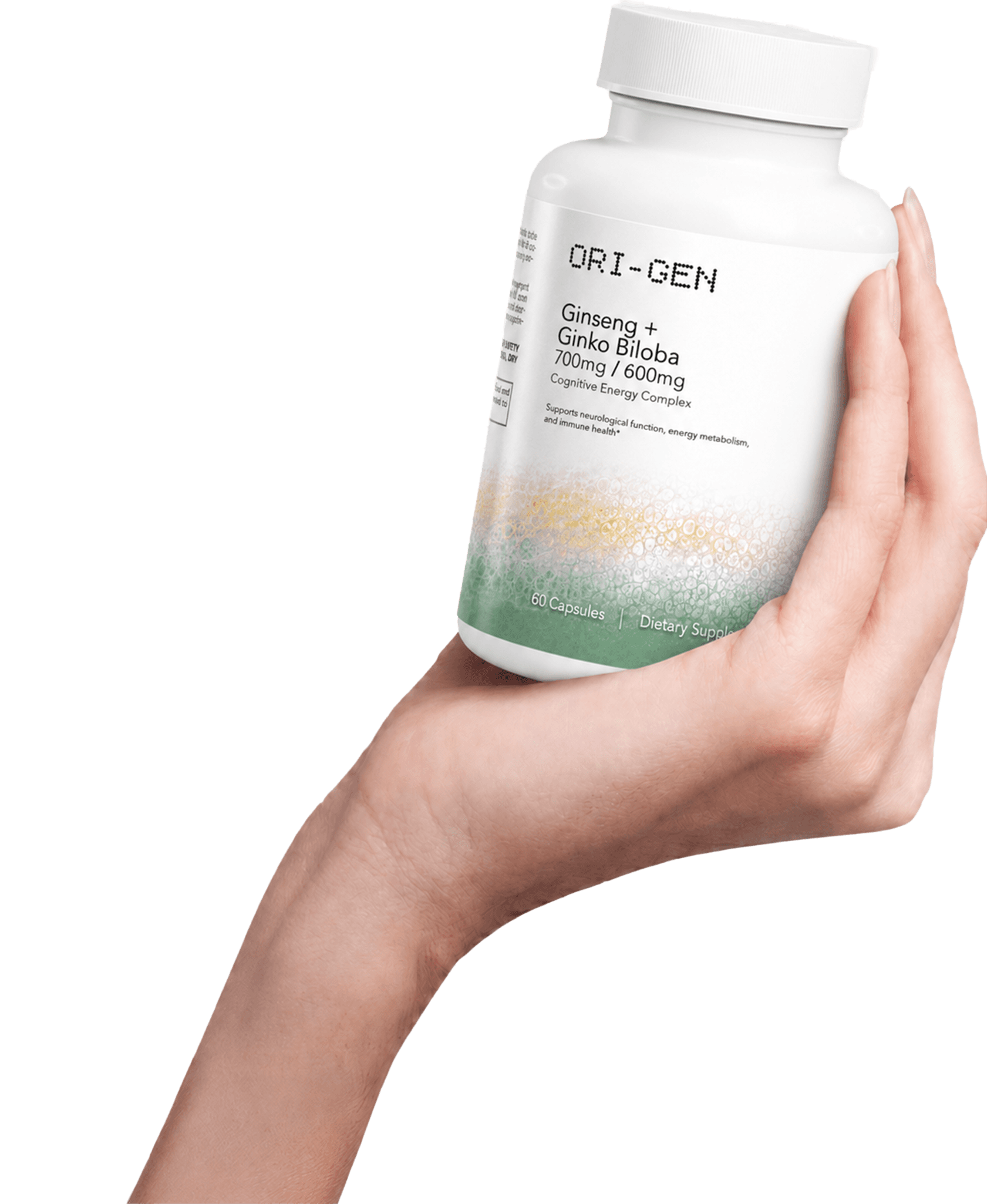 Hand holding the ORI-GEN Ginseng + Ginkgo Biloba bottle