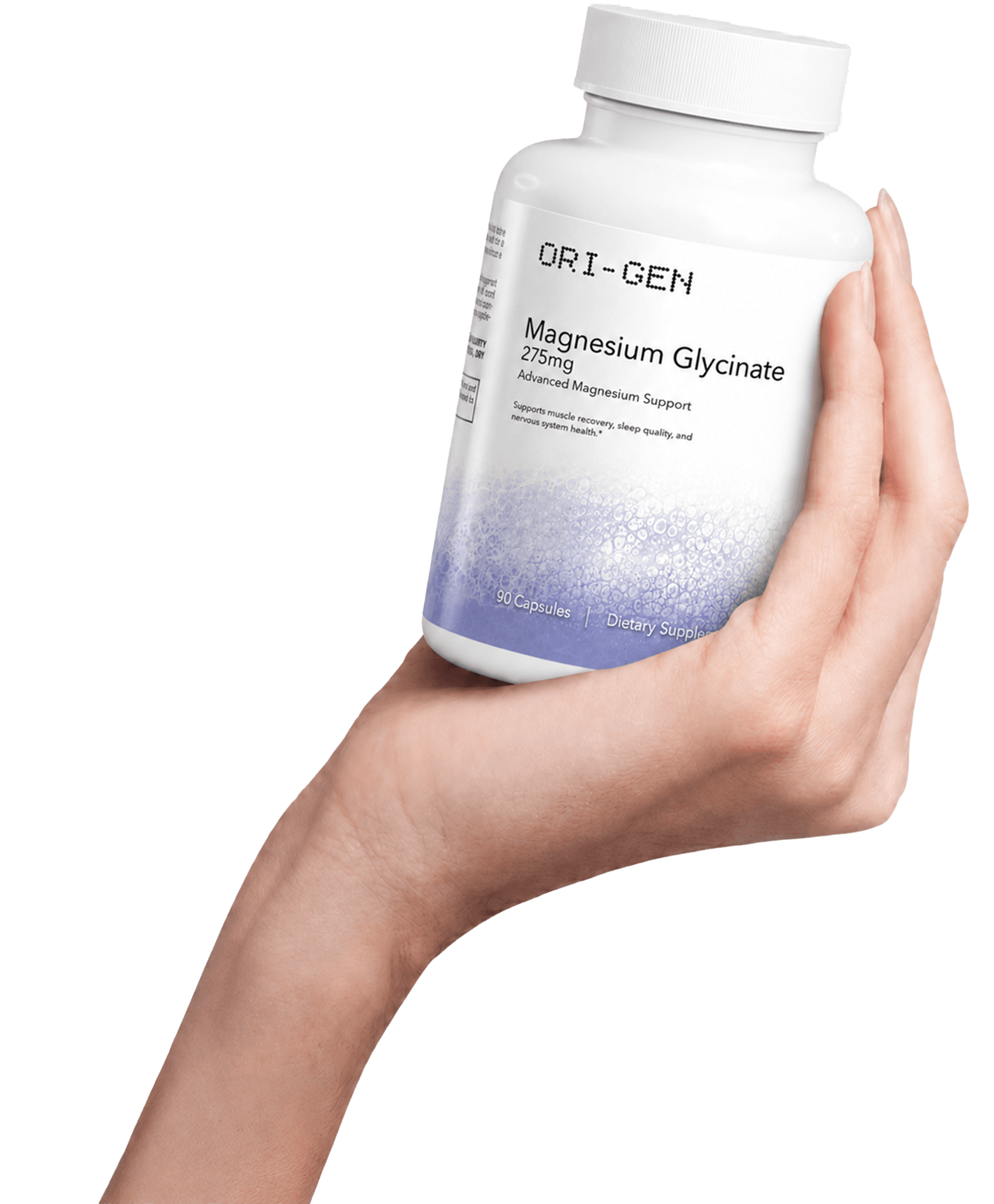 Hand holding the ORI-GEN Magnesium Glycinate bottle