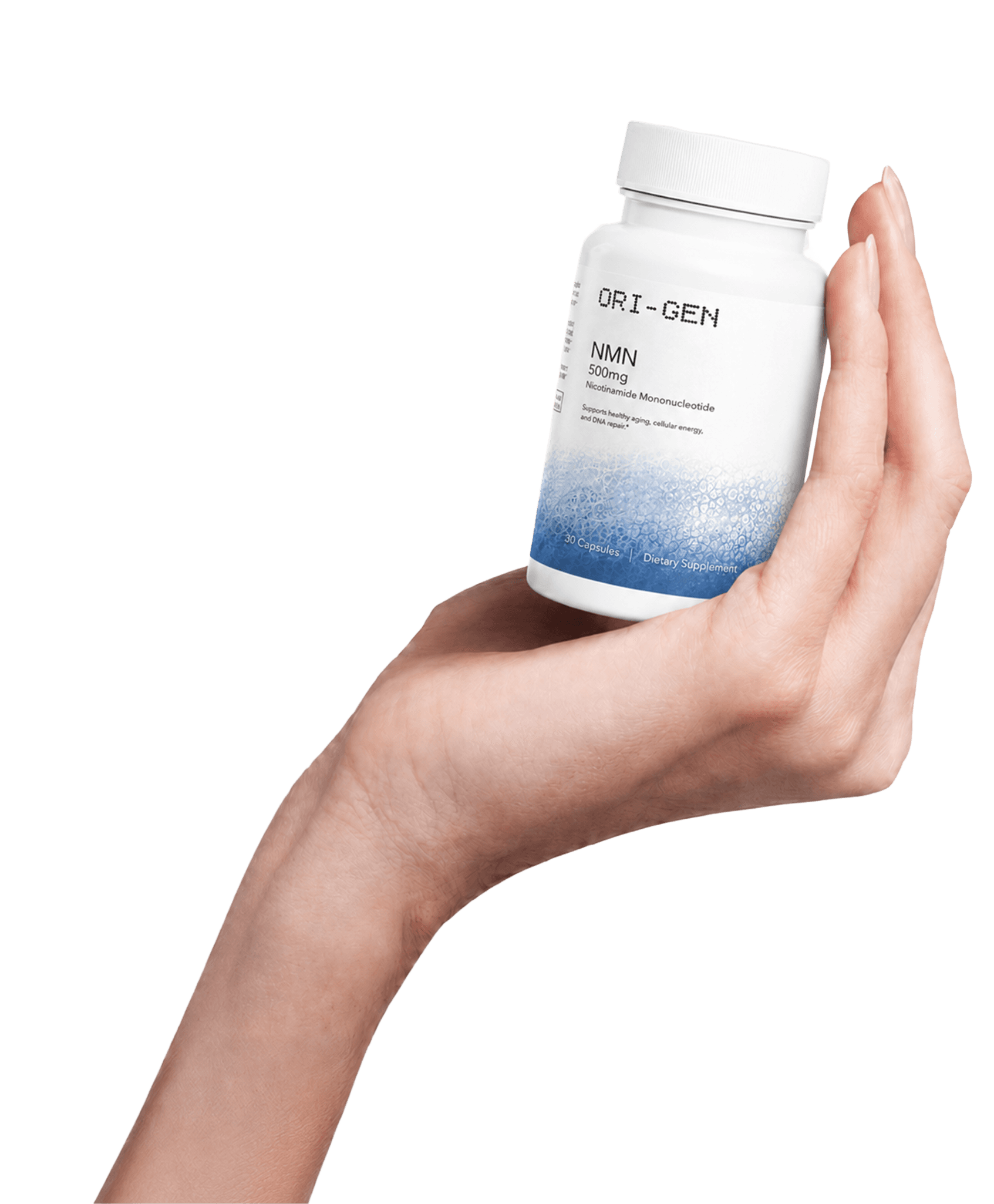 Hand holding the ORI-GEN NMN bottle